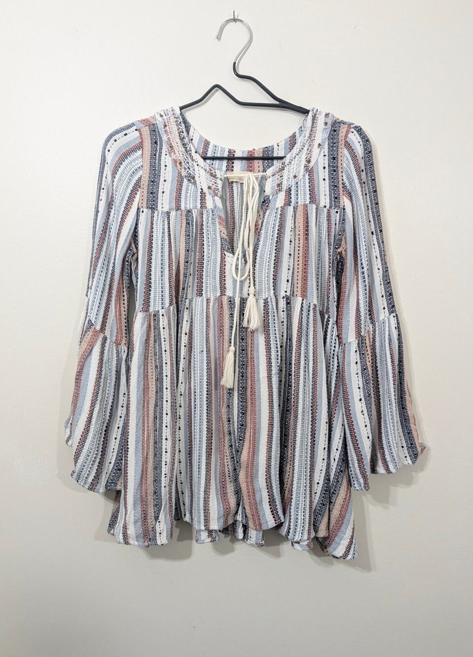 Altar'd State Striped Bell Sleeve Boho Tassel Keyhole Peasant Top Size Small